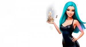 Изображение женского персонажа, держащего стопку монет, рекламирующего приветственный бонус в казино Legzo в игривом и привлекательном стиле.